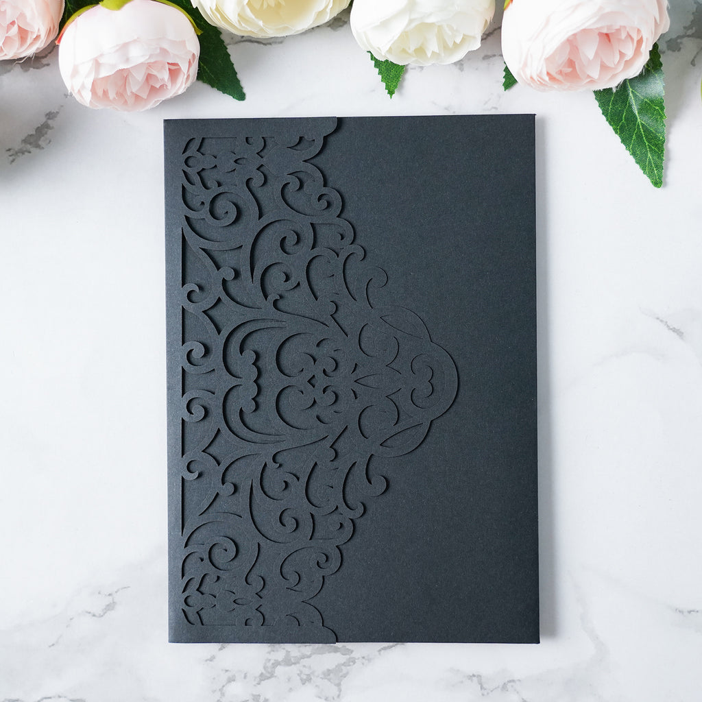 PONATIA  20PCS Black Laser Cut Wedding Invitations Pockets