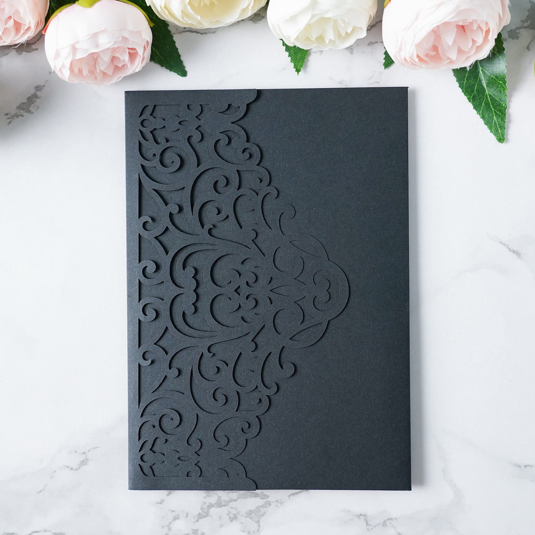 PONATIA  20PCS Black Laser Cut Wedding Invitations Pockets