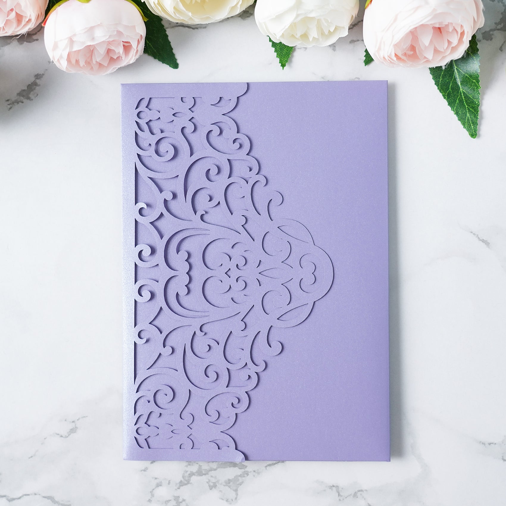 PONATIA  20PCS Lilac Laser Cut Wedding Invitations Pockets