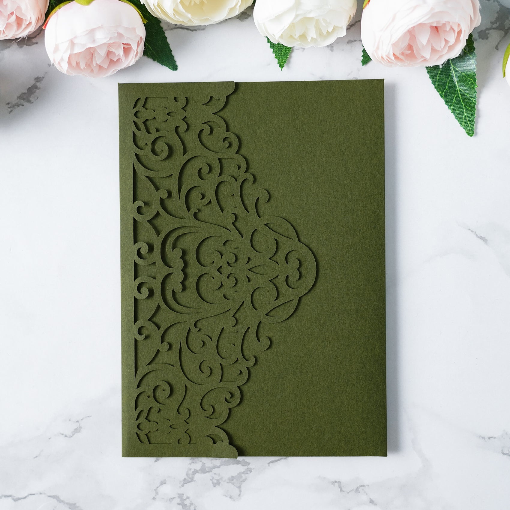 PONATIA  20PCS Olive Green Laser Cut Wedding Invitations Pockets
