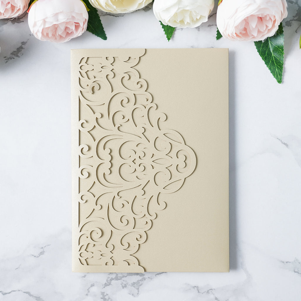 PONATIA  20PCS Beige Laser Cut Wedding Invitations Pockets