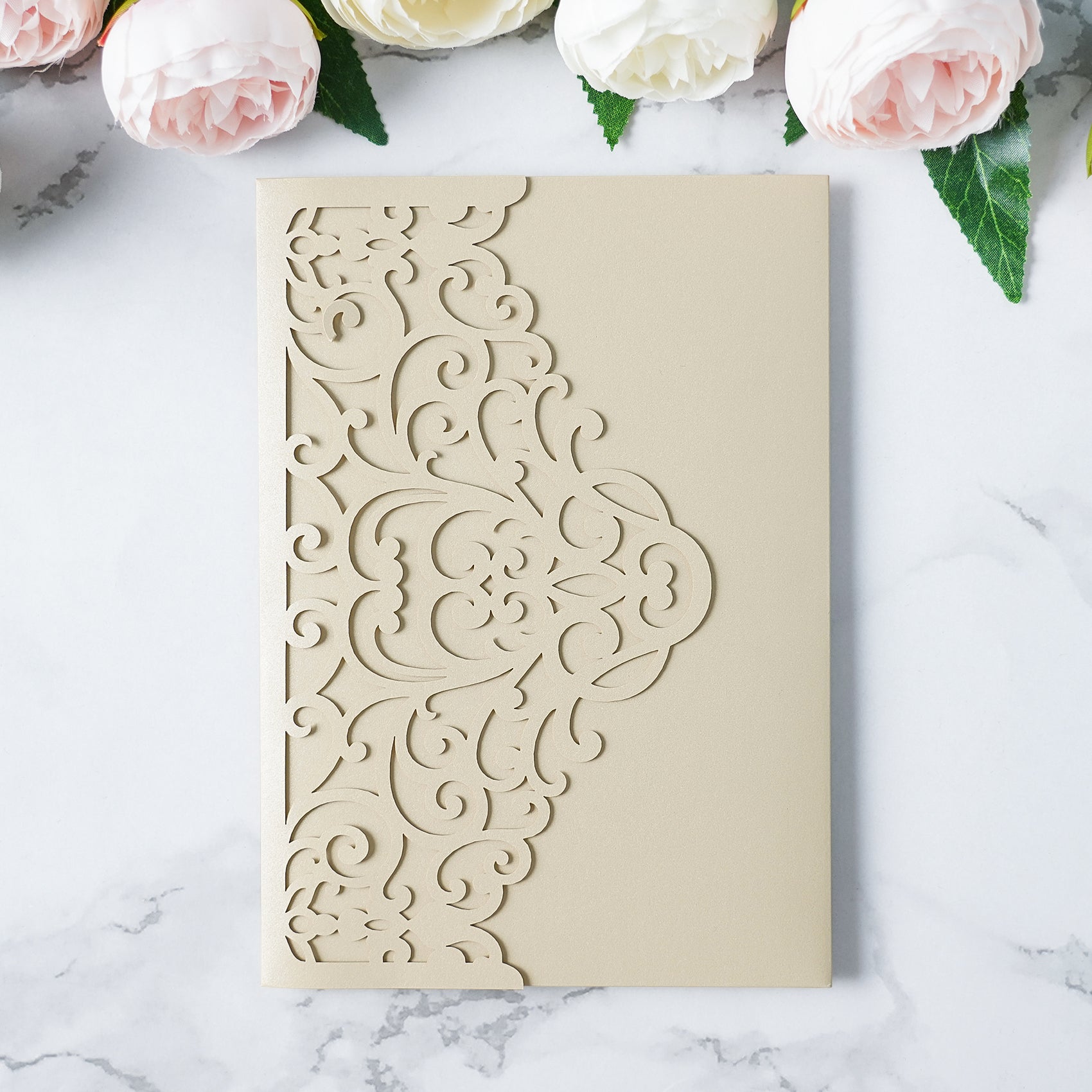 PONATIA  20PCS Beige Laser Cut Wedding Invitations Pockets