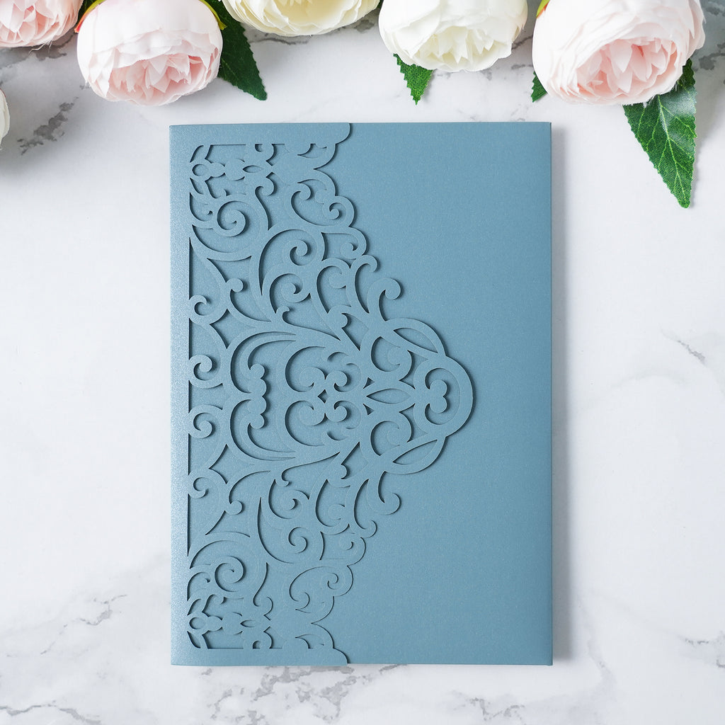 PONATIA  20PCS Dusty Blue Laser Cut Wedding Invitations Pockets