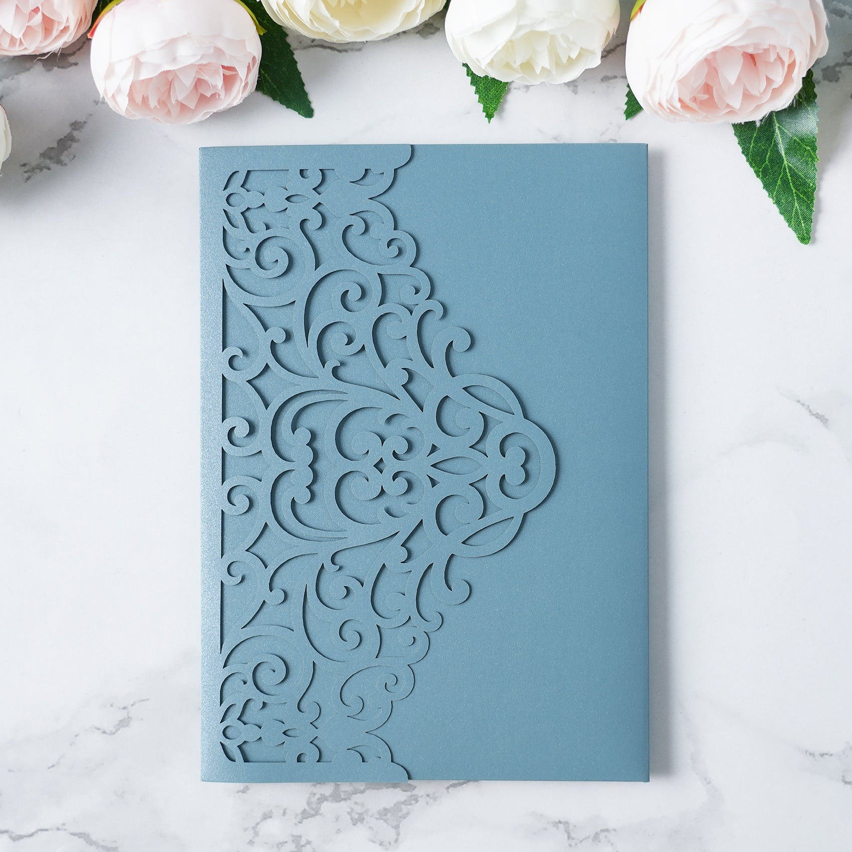 PONATIA  20PCS Dusty Blue Laser Cut Wedding Invitations Pockets