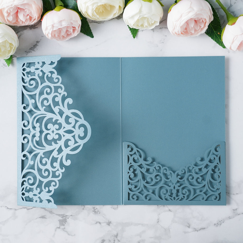 PONATIA  20PCS Dusty Blue Laser Cut Wedding Invitations Pockets