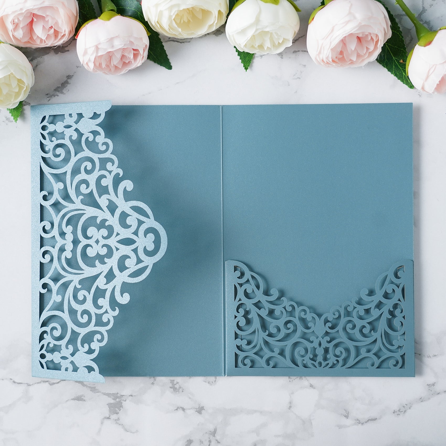 PONATIA  20PCS Dusty Blue Laser Cut Wedding Invitations Pockets