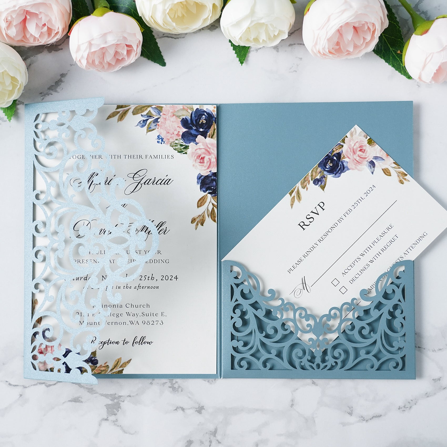 PONATIA  20PCS Dusty Blue Laser Cut Wedding Invitations Pockets