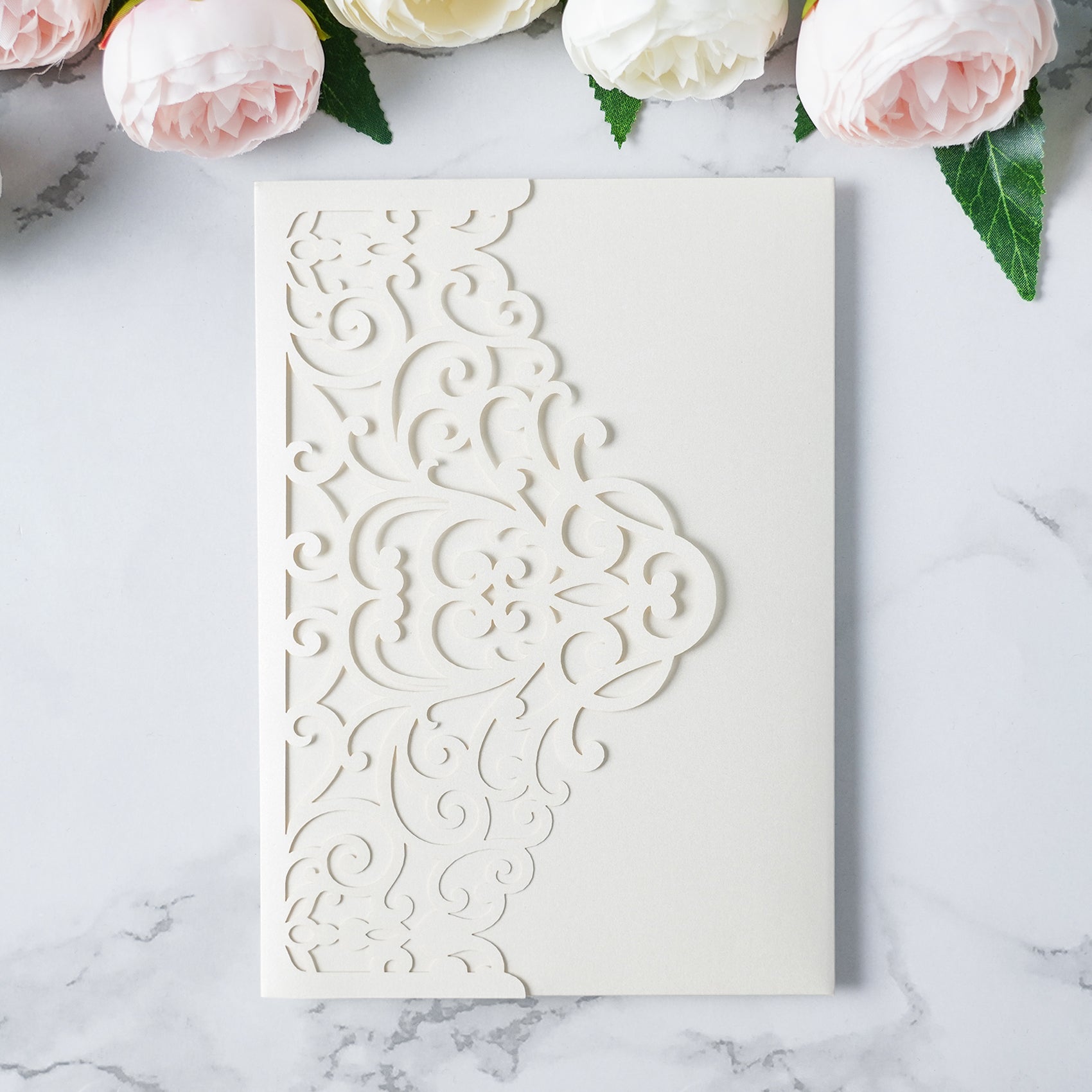 PONATIA  20PCS Ivory Laser Cut Wedding Invitations Pockets