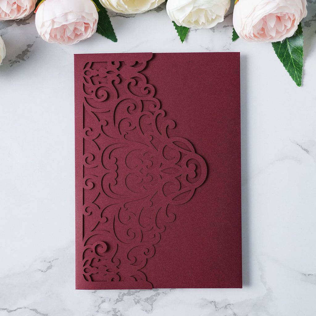 PONATIA  20PCS Burgundy Laser Cut Wedding Invitations Pockets