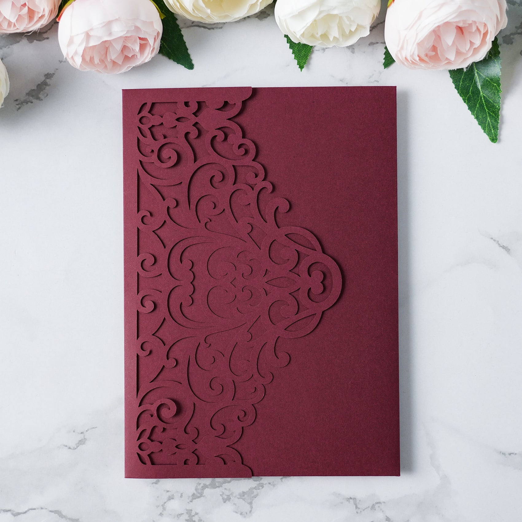 PONATIA  20PCS Burgundy Laser Cut Wedding Invitations Pockets