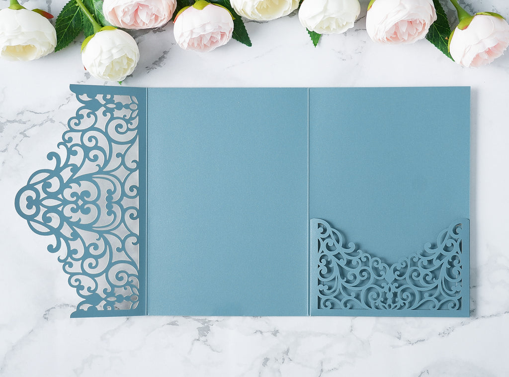 PONATIA  20PCS Dusty Blue Laser Cut Wedding Invitations Pockets
