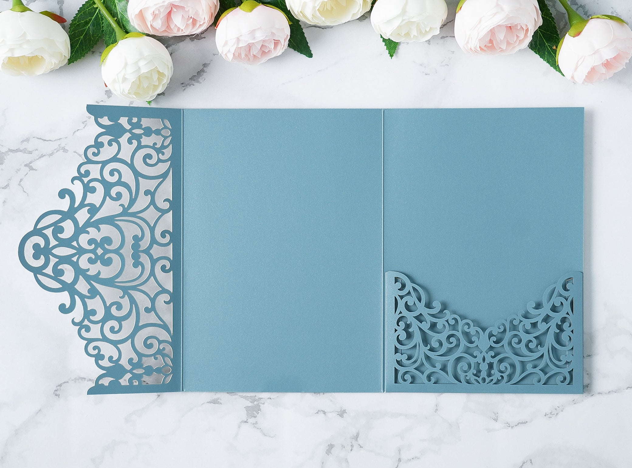 PONATIA  20PCS Dusty Blue Laser Cut Wedding Invitations Pockets