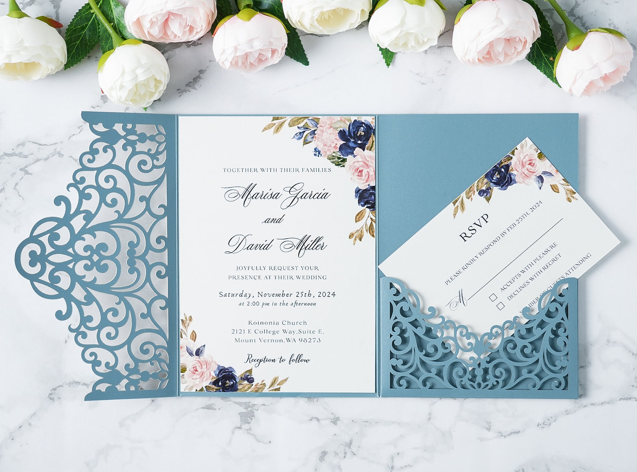 PONATIA  20PCS Dusty Blue Laser Cut Wedding Invitations Pockets