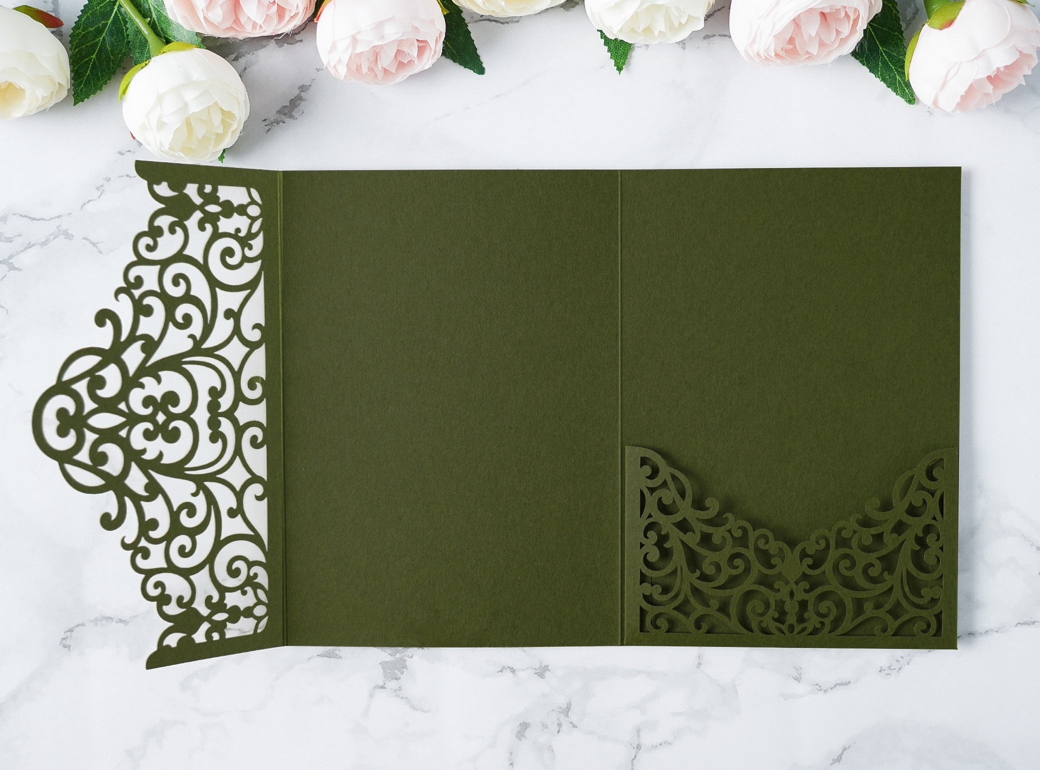 PONATIA  20PCS Olive Green Laser Cut Wedding Invitations Pockets