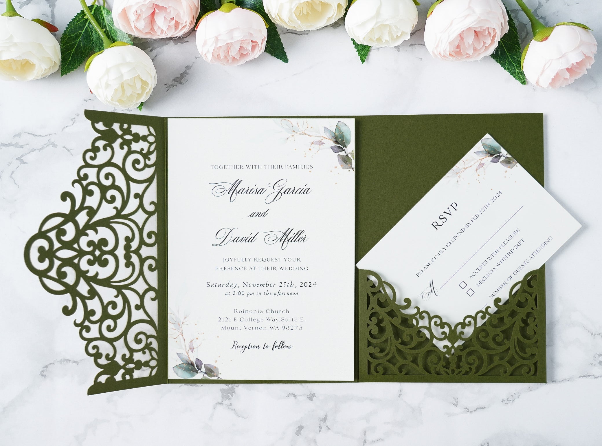 PONATIA  20PCS Olive Green Laser Cut Wedding Invitations Pockets