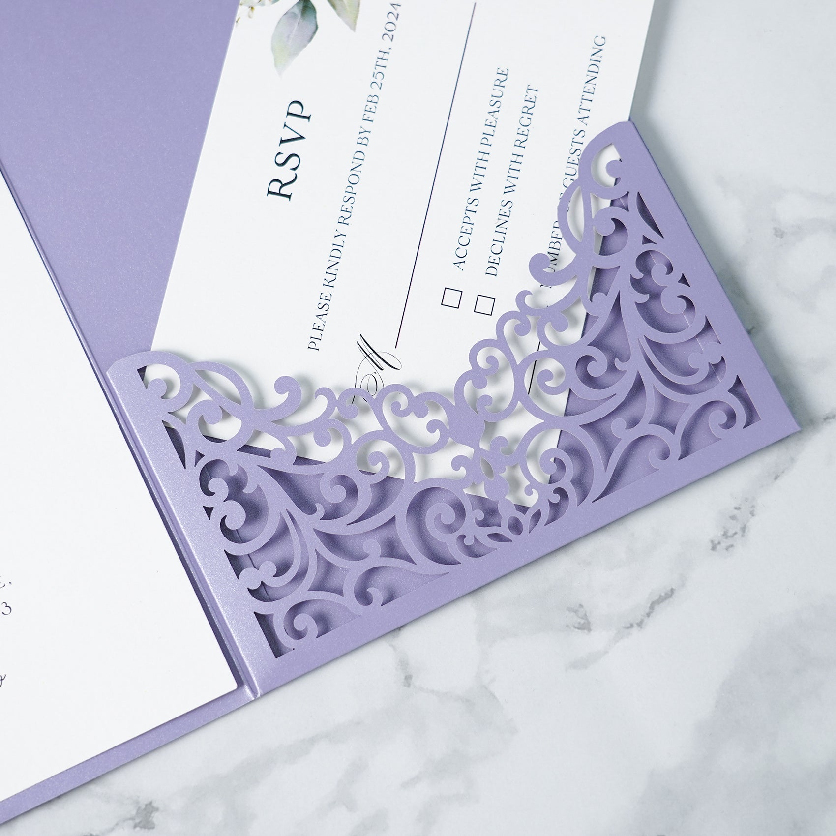 PONATIA  20PCS Lilac Laser Cut Wedding Invitations Pockets