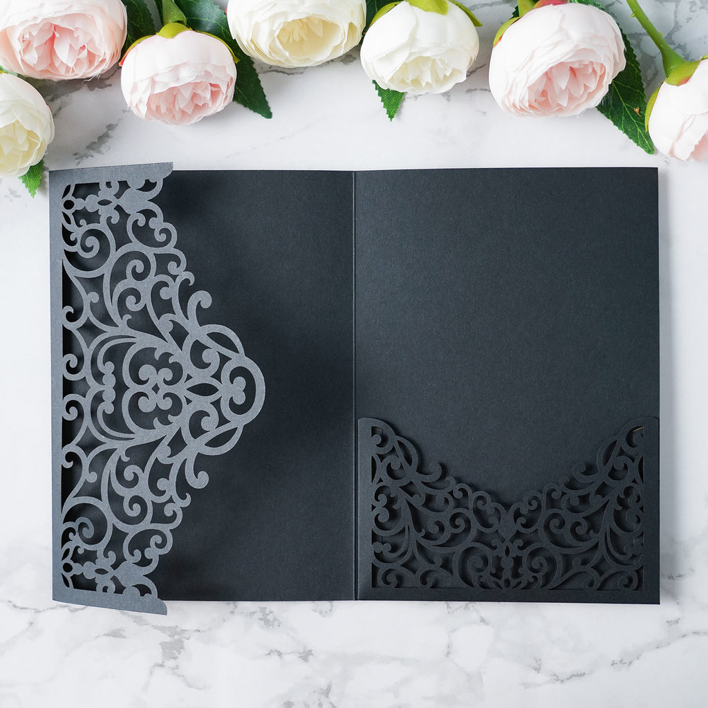 PONATIA  20PCS Black Laser Cut Wedding Invitations Pockets