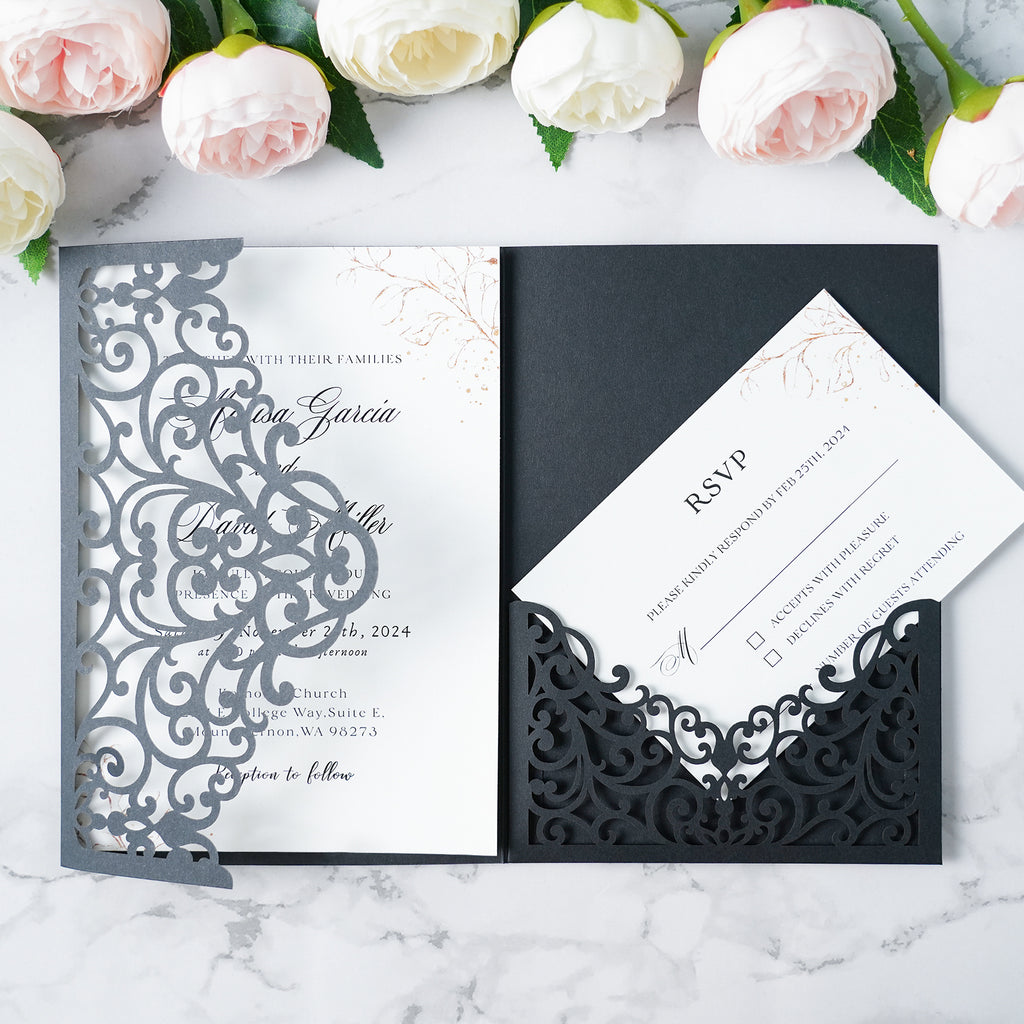 PONATIA  20PCS Black Laser Cut Wedding Invitations Pockets
