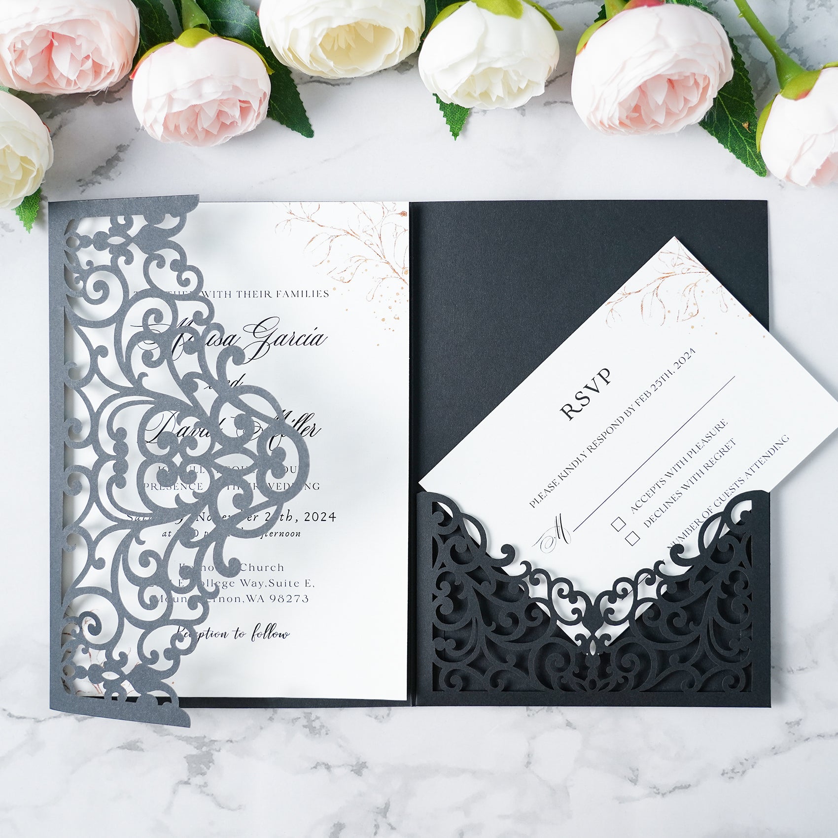 PONATIA  20PCS Black Laser Cut Wedding Invitations Pockets