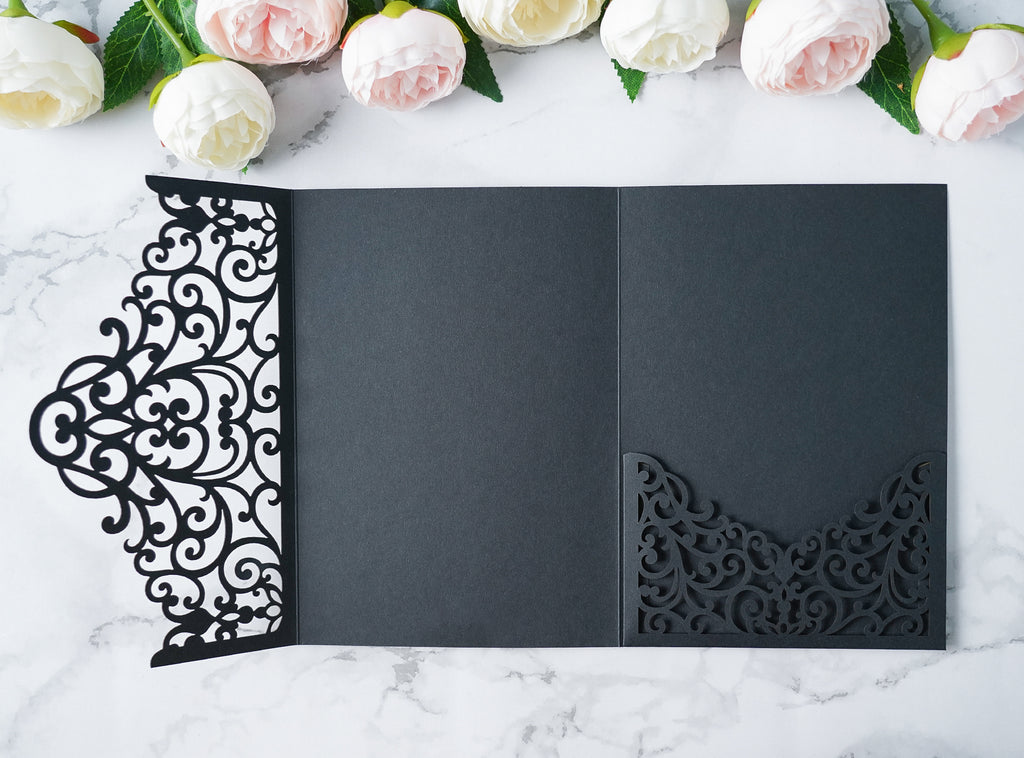 PONATIA  20PCS Black Laser Cut Wedding Invitations Pockets