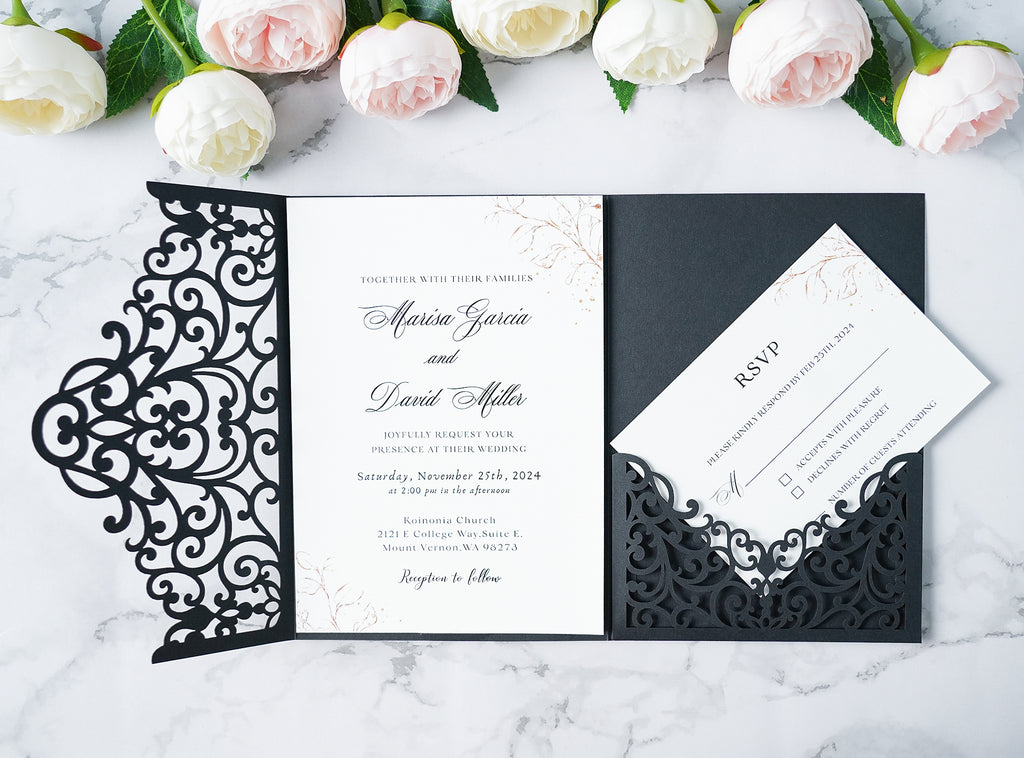 PONATIA  20PCS Black Laser Cut Wedding Invitations Pockets