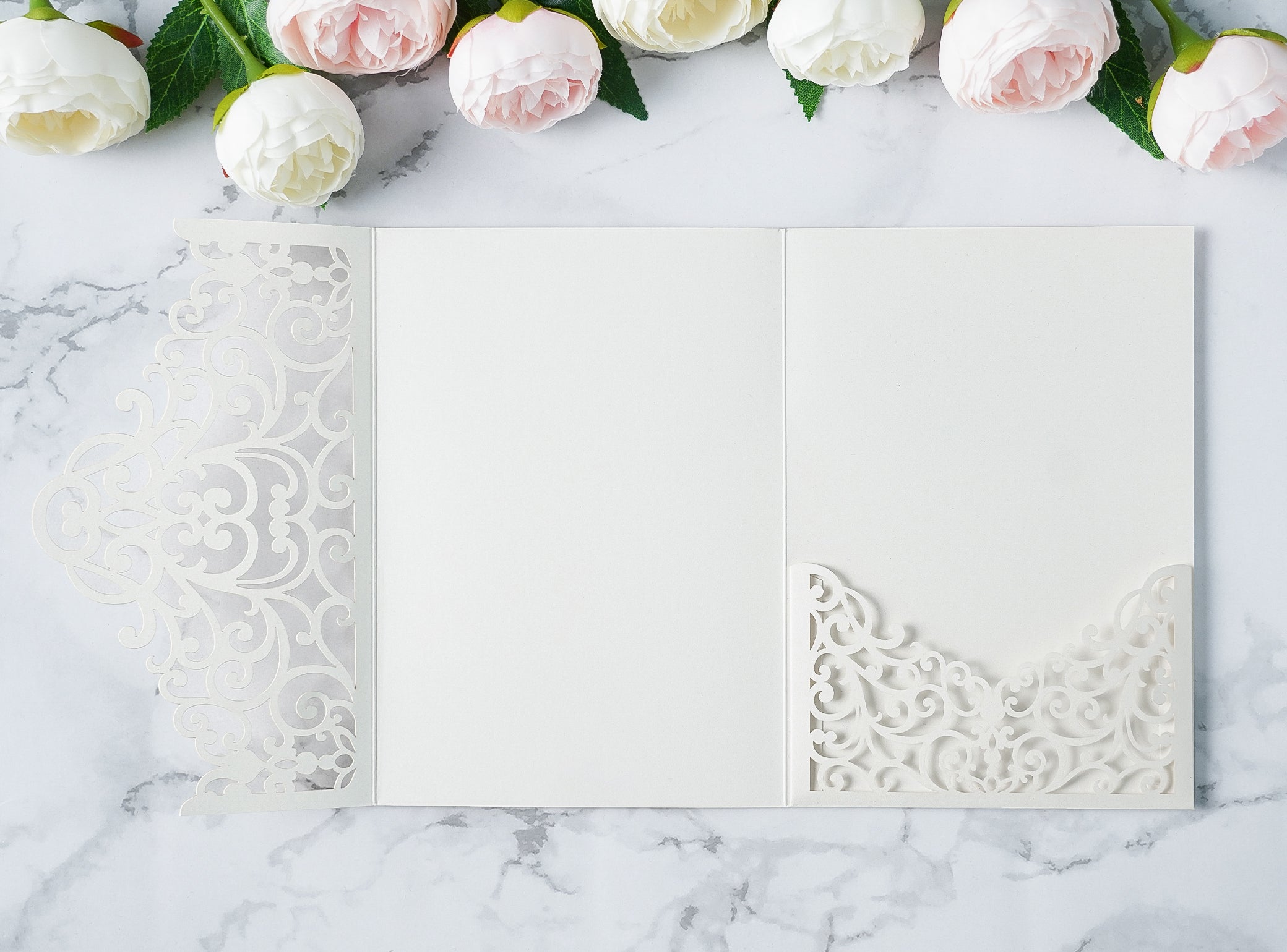 PONATIA  20PCS Ivory Laser Cut Wedding Invitations Pockets