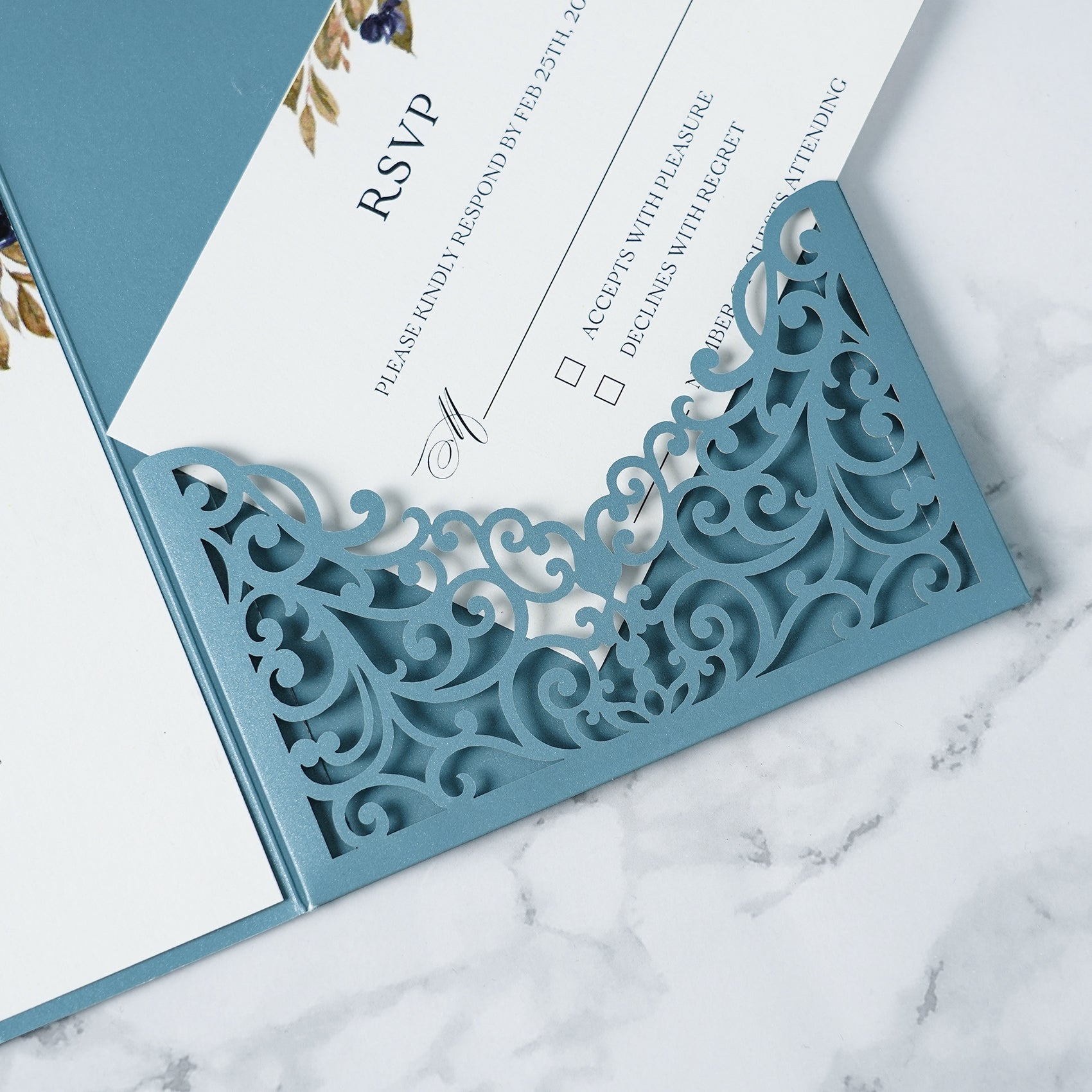 PONATIA  20PCS Dusty Blue Laser Cut Wedding Invitations Pockets