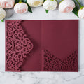 PONATIA  20PCS Burgundy Laser Cut Wedding Invitations Pockets