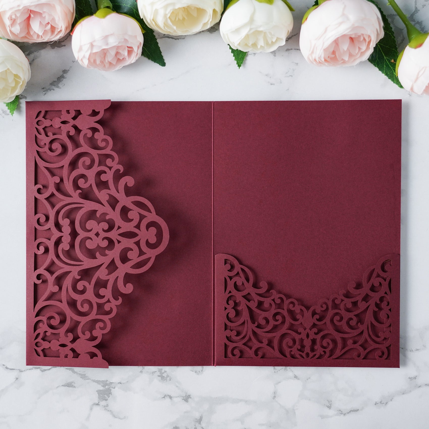 PONATIA  20PCS Burgundy Laser Cut Wedding Invitations Pockets