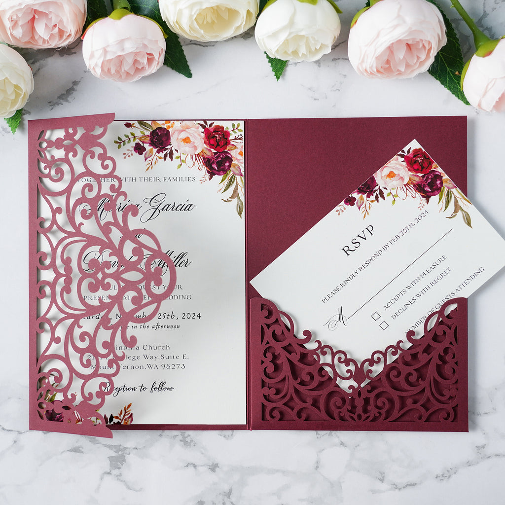 PONATIA  20PCS Burgundy Laser Cut Wedding Invitations Pockets
