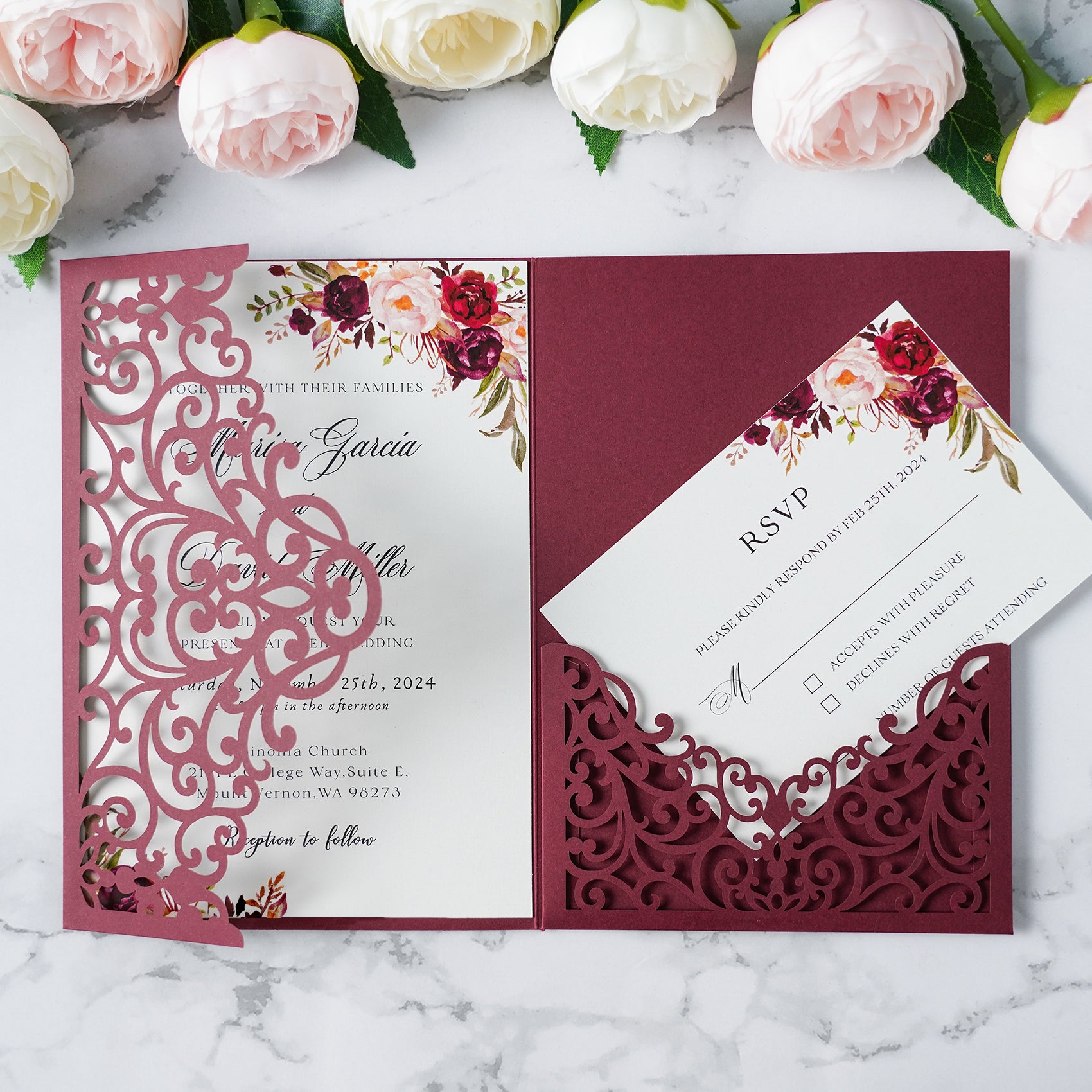 PONATIA  20PCS Burgundy Laser Cut Wedding Invitations Pockets