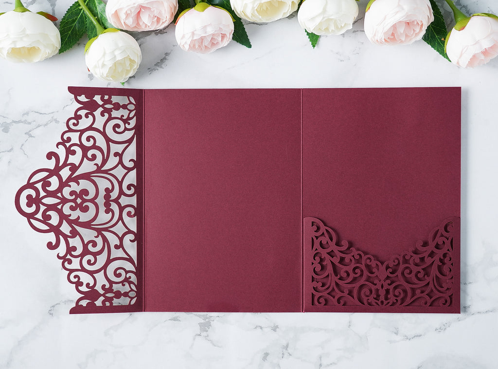 PONATIA  20PCS Burgundy Laser Cut Wedding Invitations Pockets