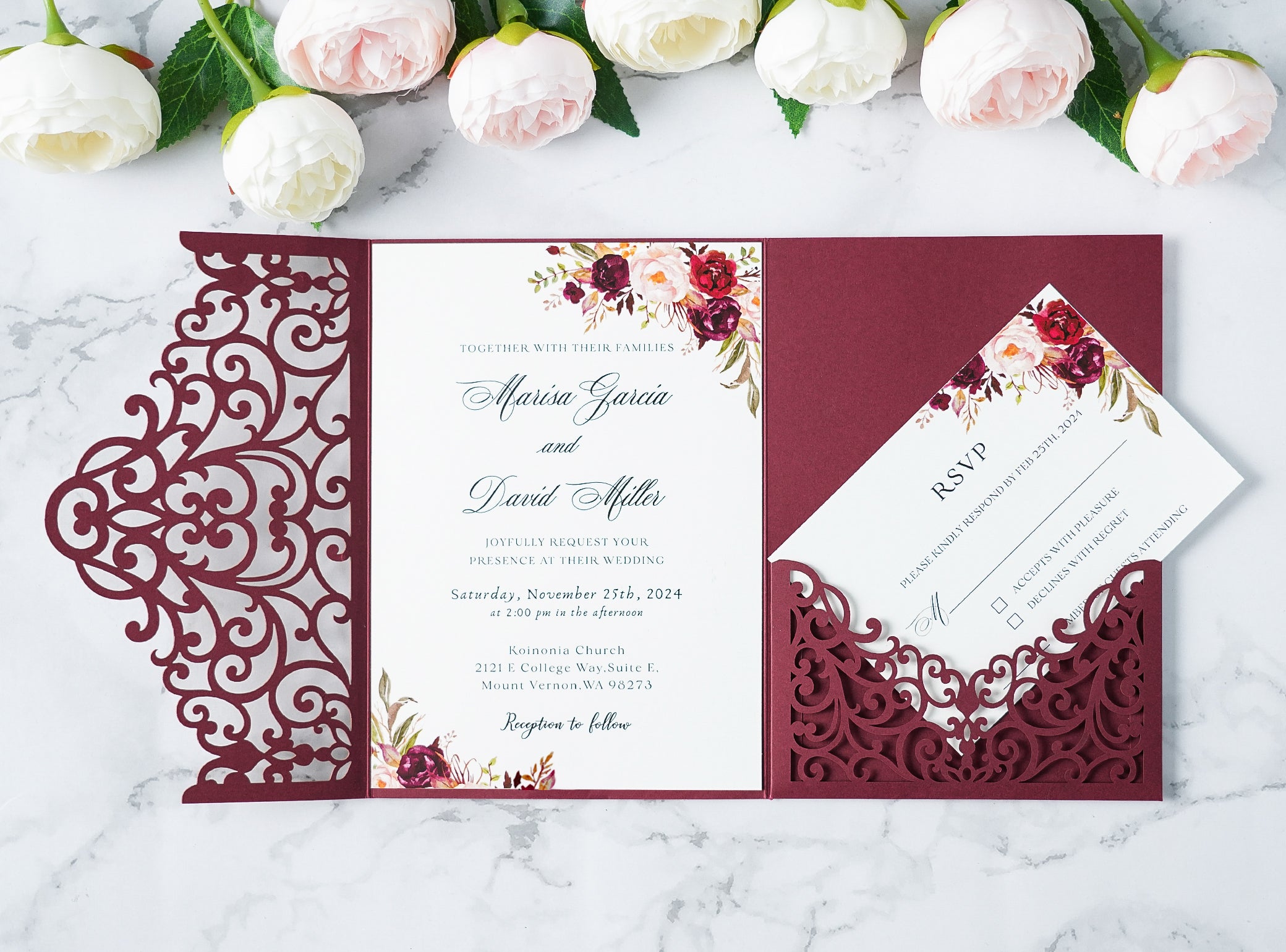 PONATIA  20PCS Burgundy Laser Cut Wedding Invitations Pockets