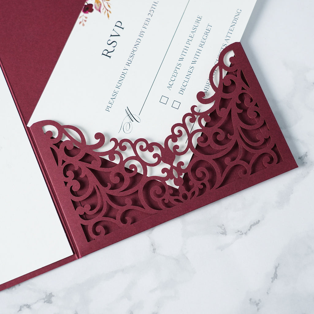 PONATIA  20PCS Burgundy Laser Cut Wedding Invitations Pockets