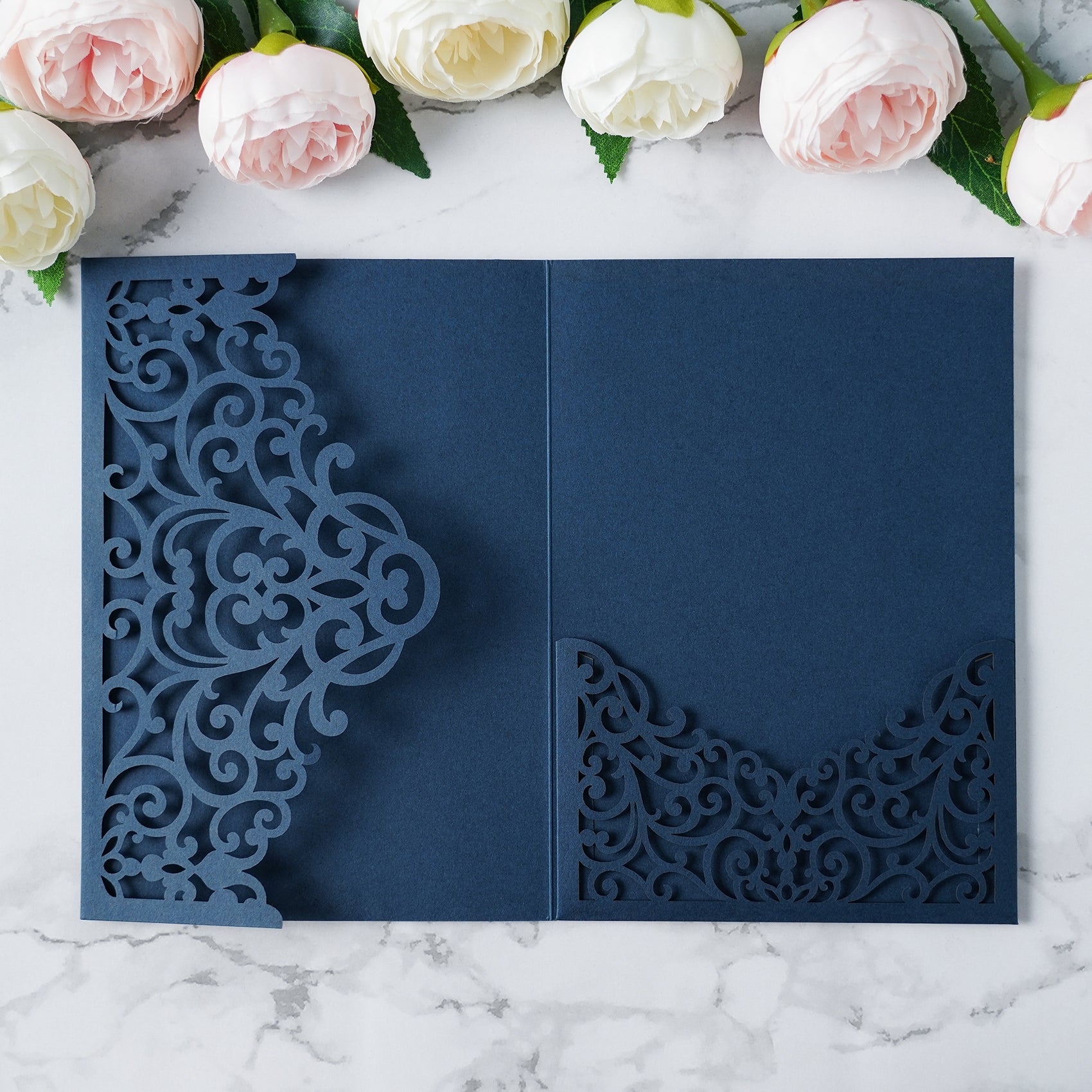 PONATIA  20PCS Navy Blue Laser Cut Wedding Invitations Pockets