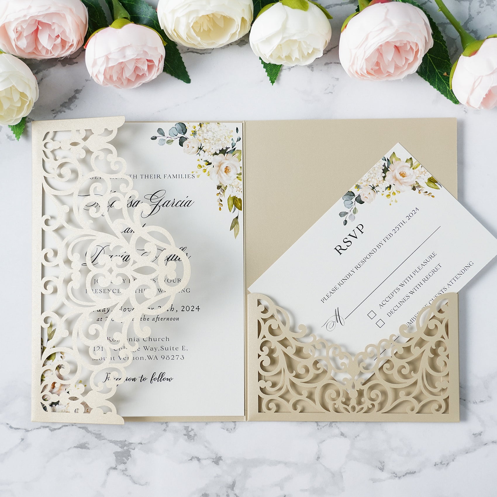 PONATIA  20PCS Beige Laser Cut Wedding Invitations Pockets