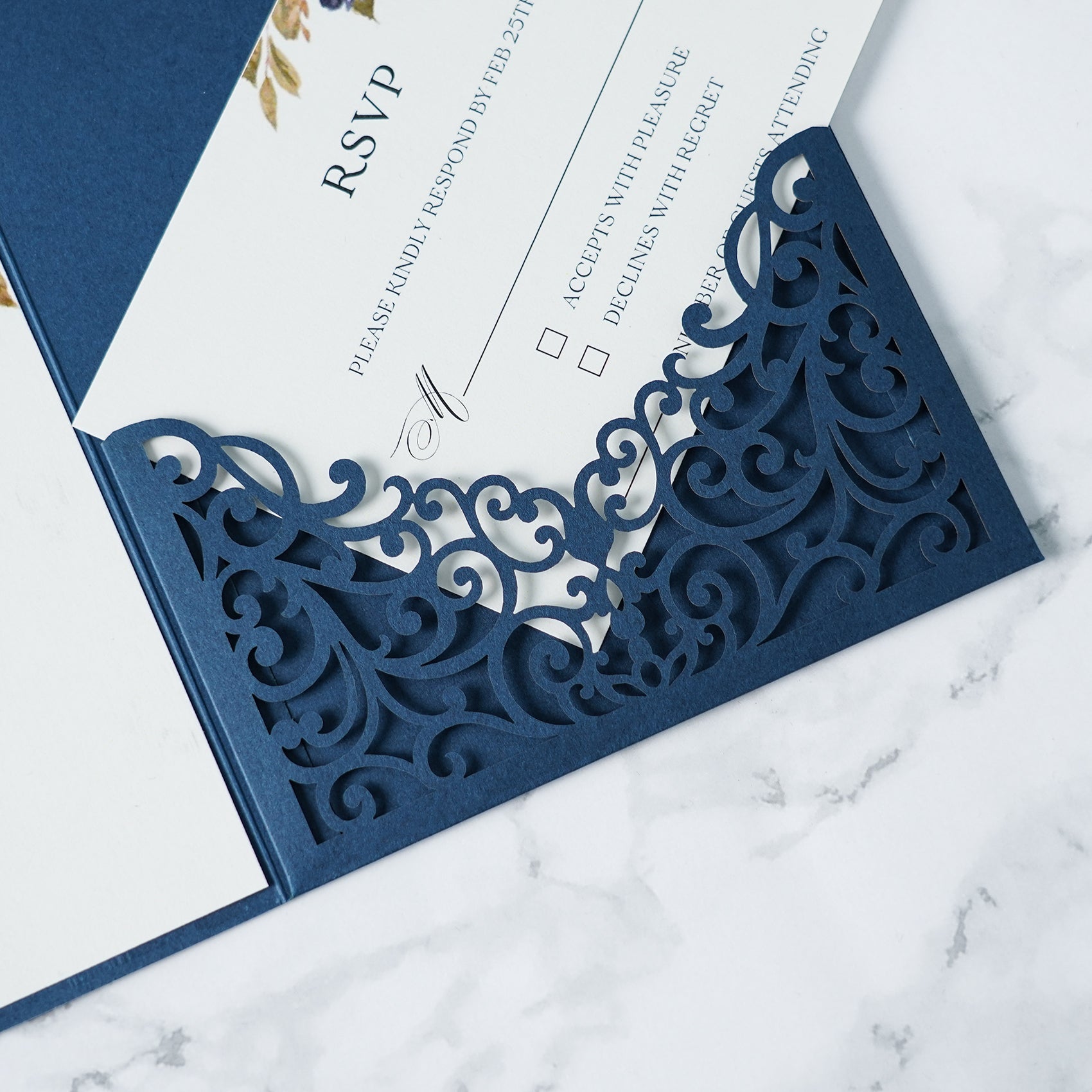 PONATIA  20PCS Navy Blue Laser Cut Wedding Invitations Pockets