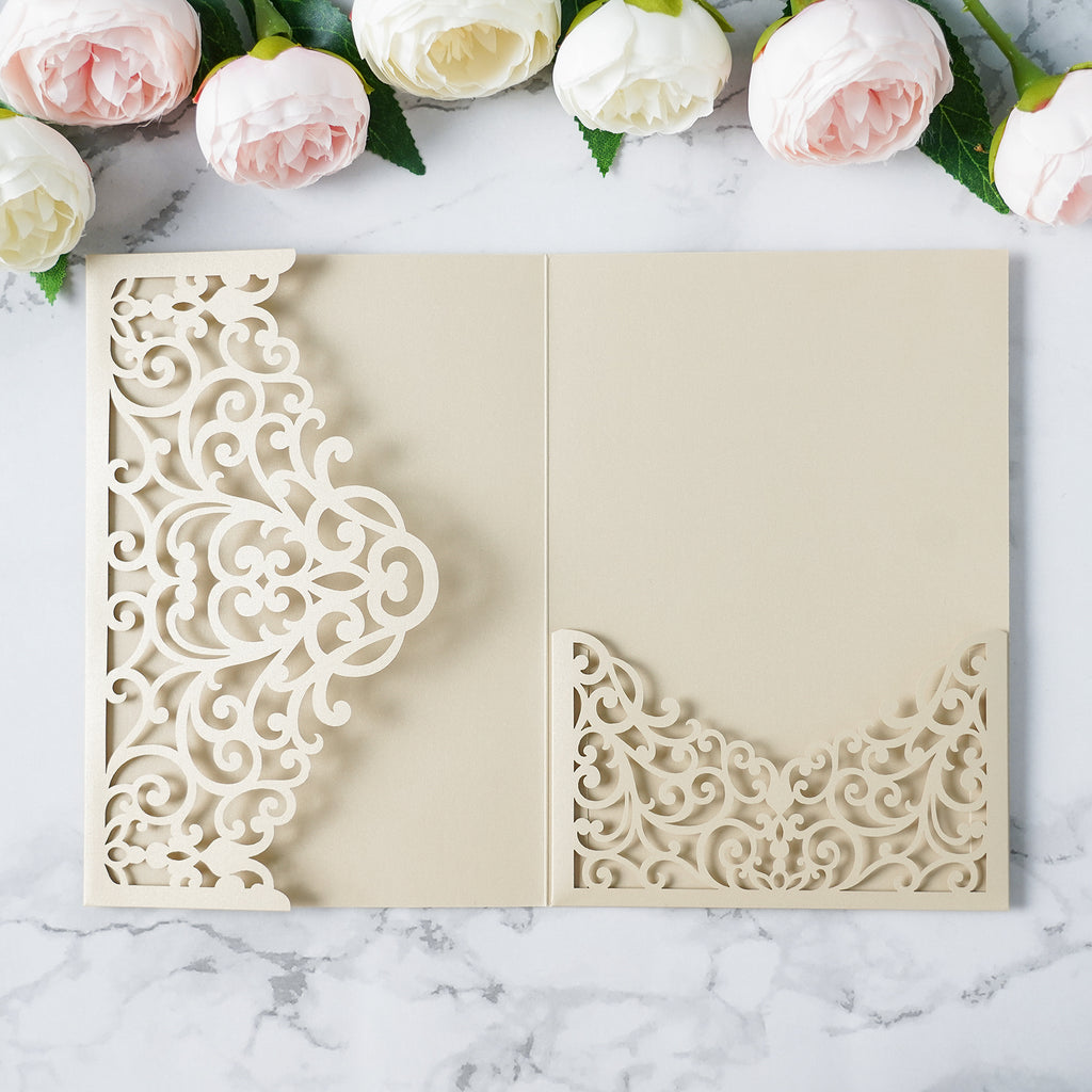 PONATIA  20PCS Beige Laser Cut Wedding Invitations Pockets