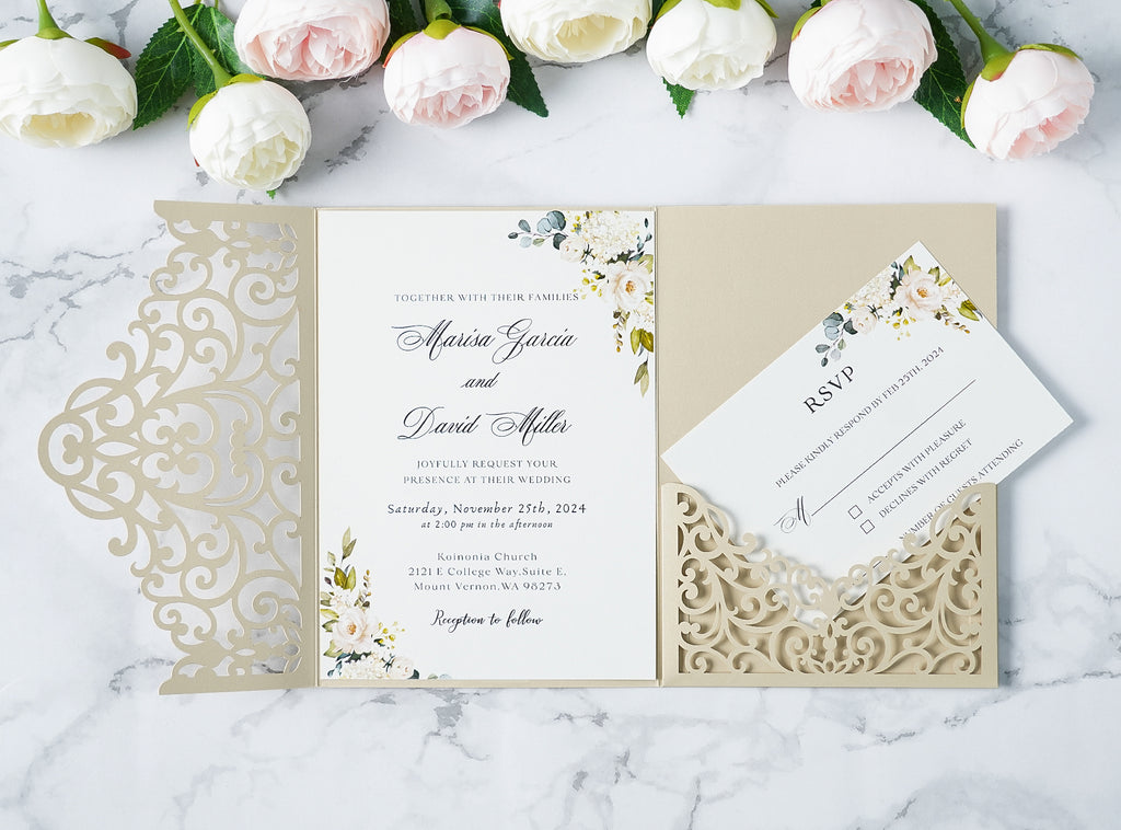 PONATIA  20PCS Beige Laser Cut Wedding Invitations Pockets