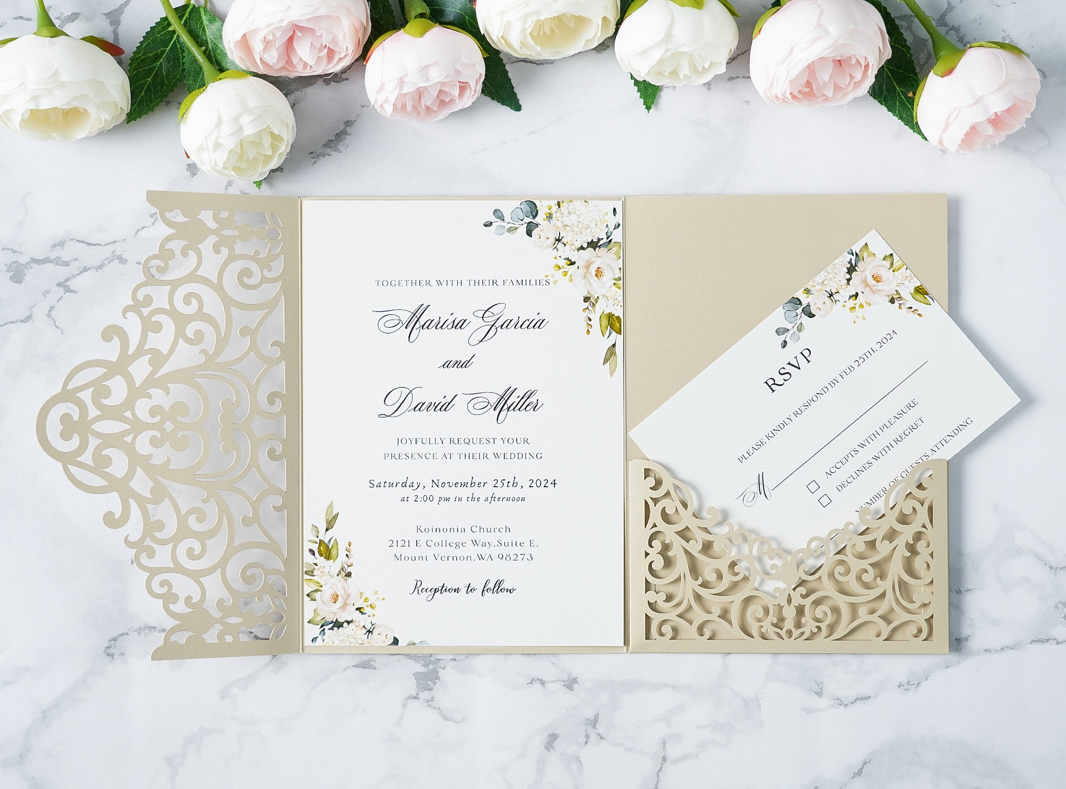 PONATIA  20PCS Beige Laser Cut Wedding Invitations Pockets