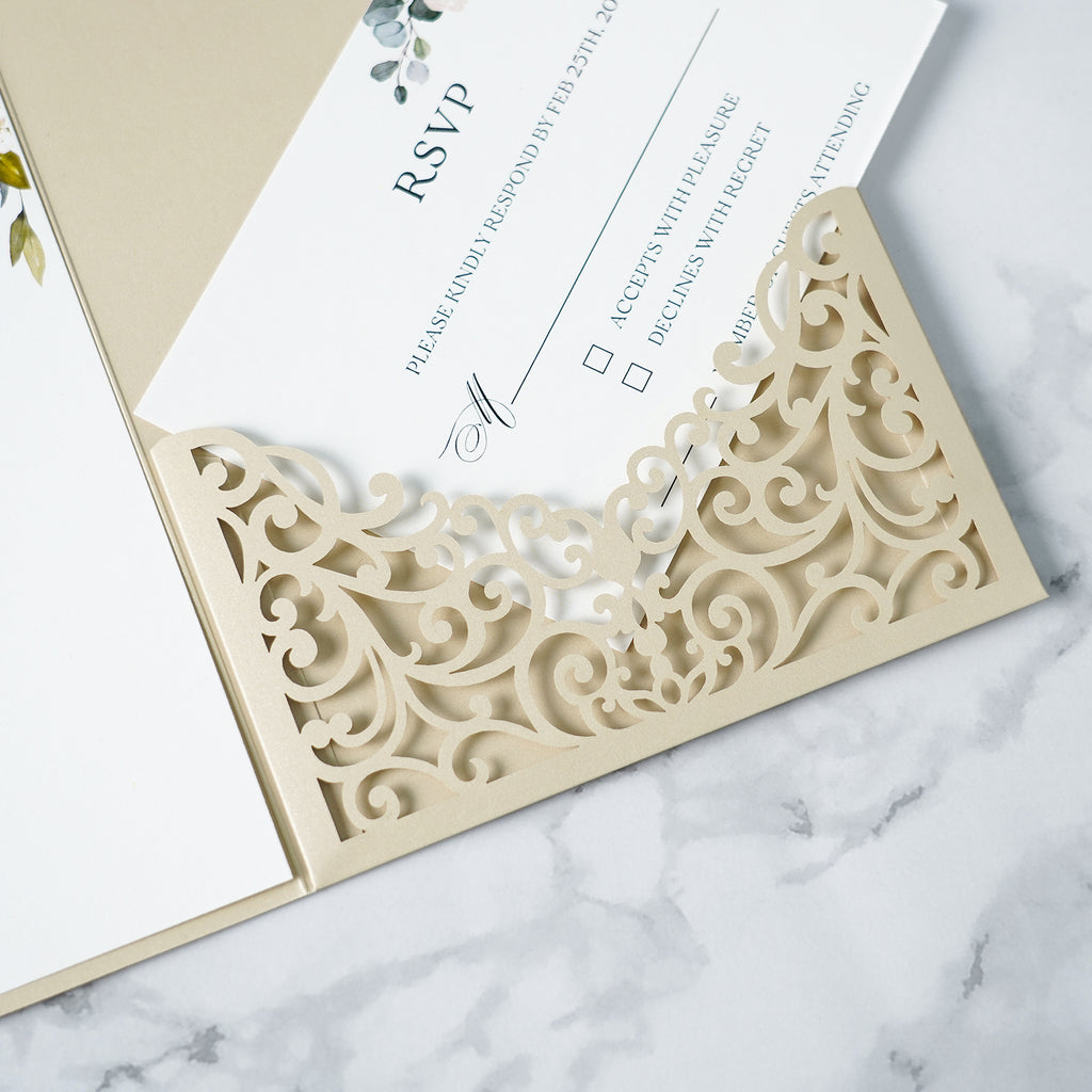 PONATIA  20PCS Beige Laser Cut Wedding Invitations Pockets