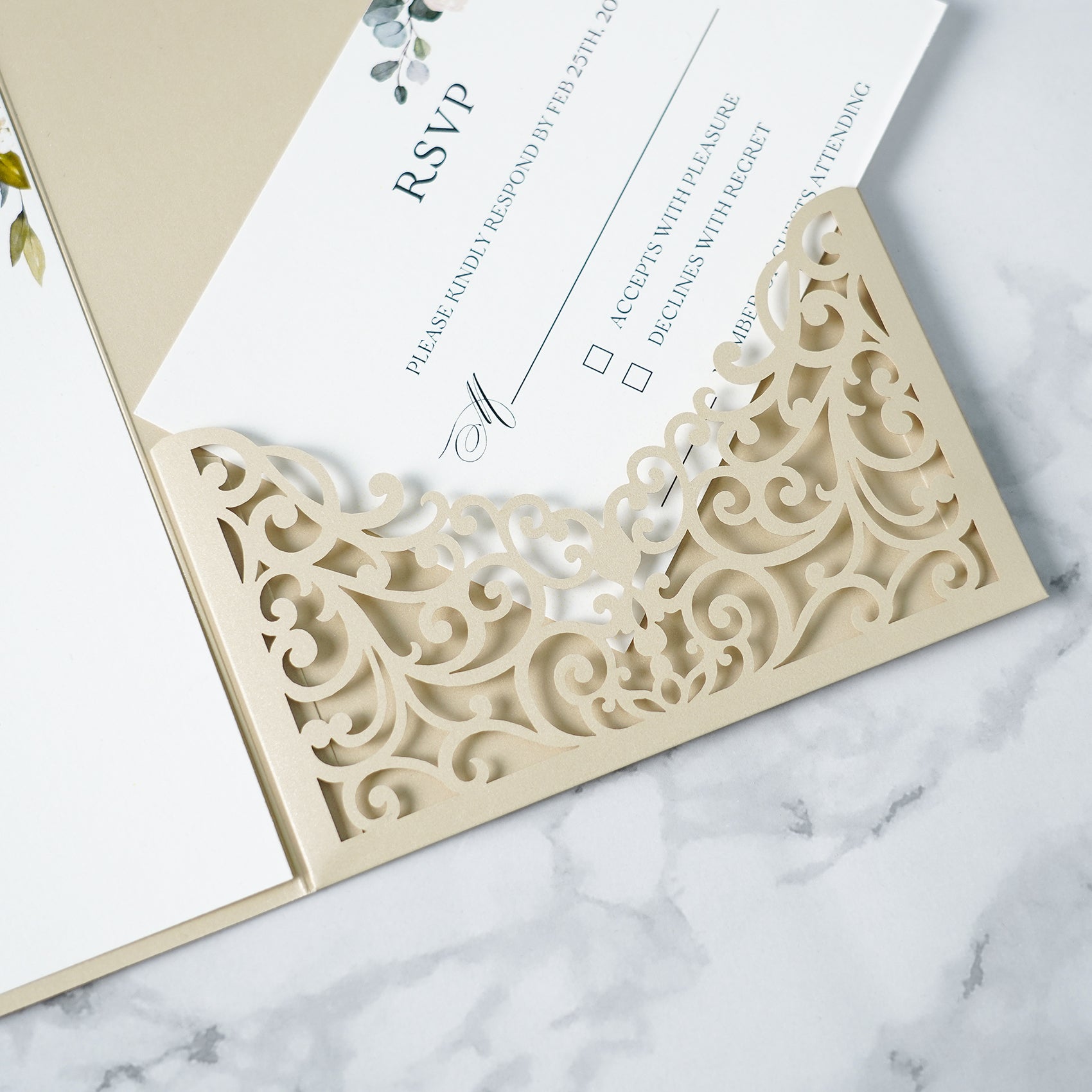 PONATIA  20PCS Beige Laser Cut Wedding Invitations Pockets