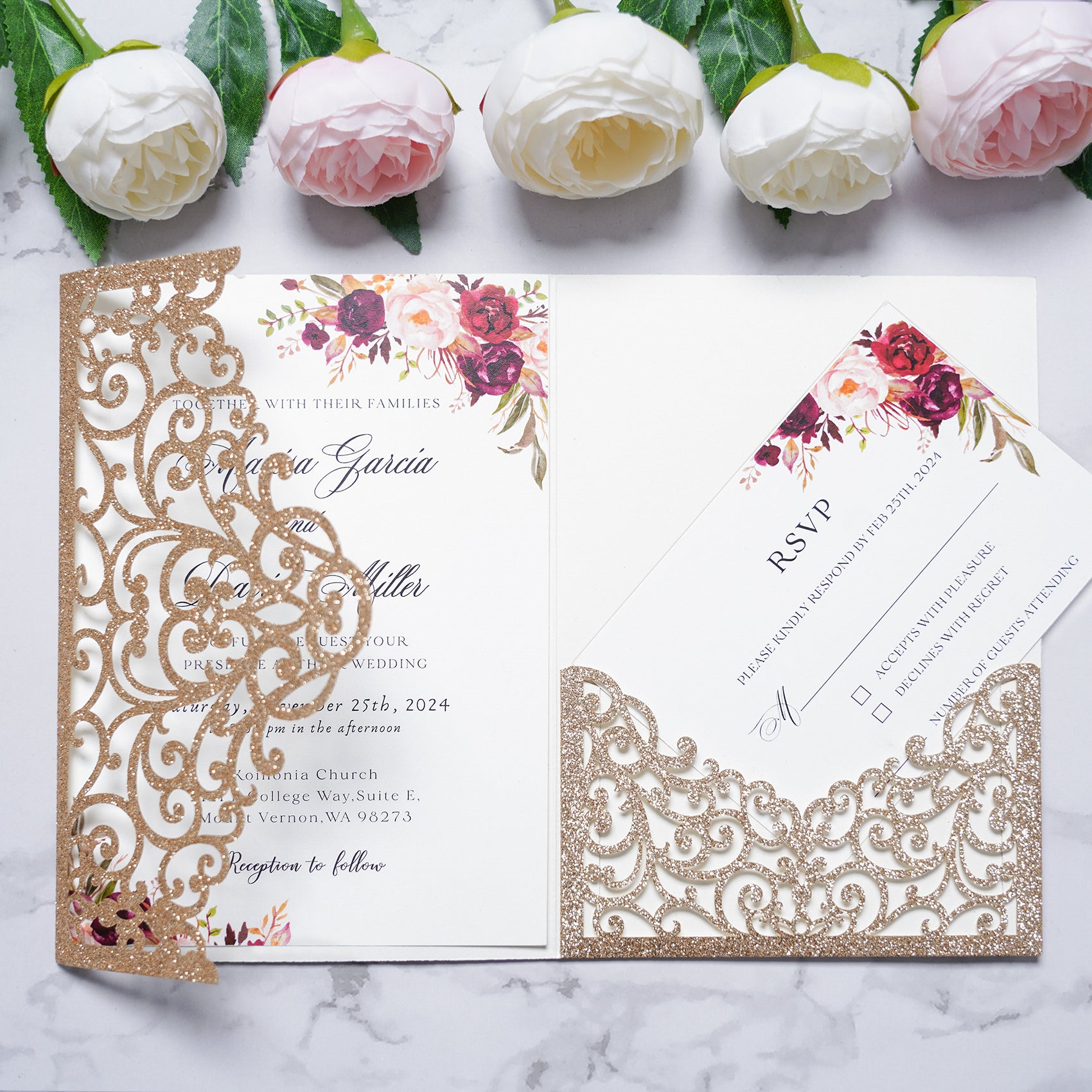 PONATIA  20PCS Gold Glitter Laser Cut Wedding Invitations Pockets