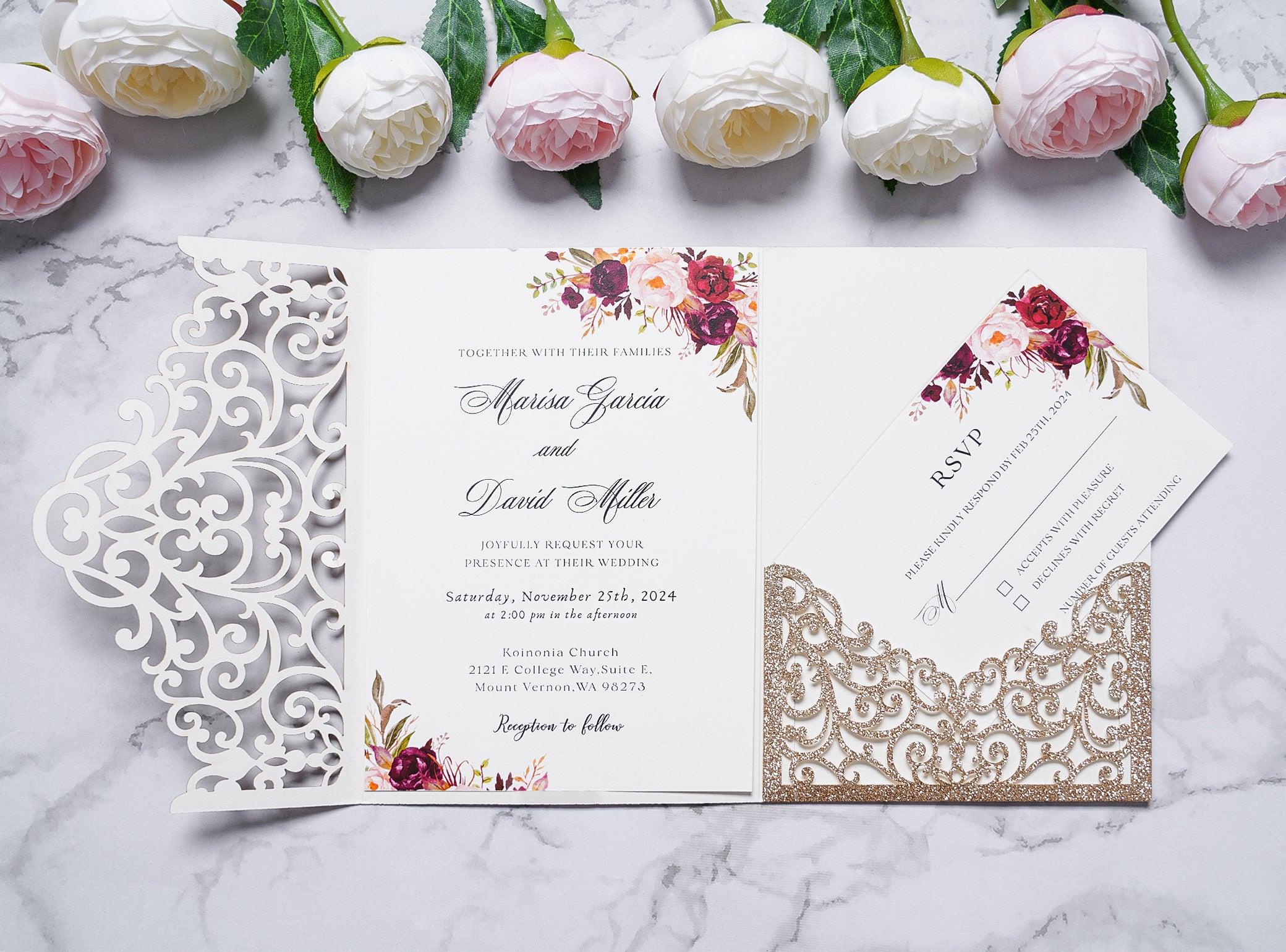 PONATIA  20PCS Gold Glitter Laser Cut Wedding Invitations Pockets
