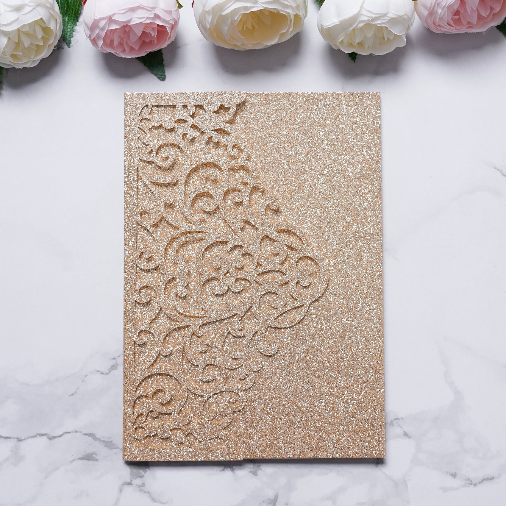 PONATIA  20PCS Gold Glitter Laser Cut Wedding Invitations Pockets