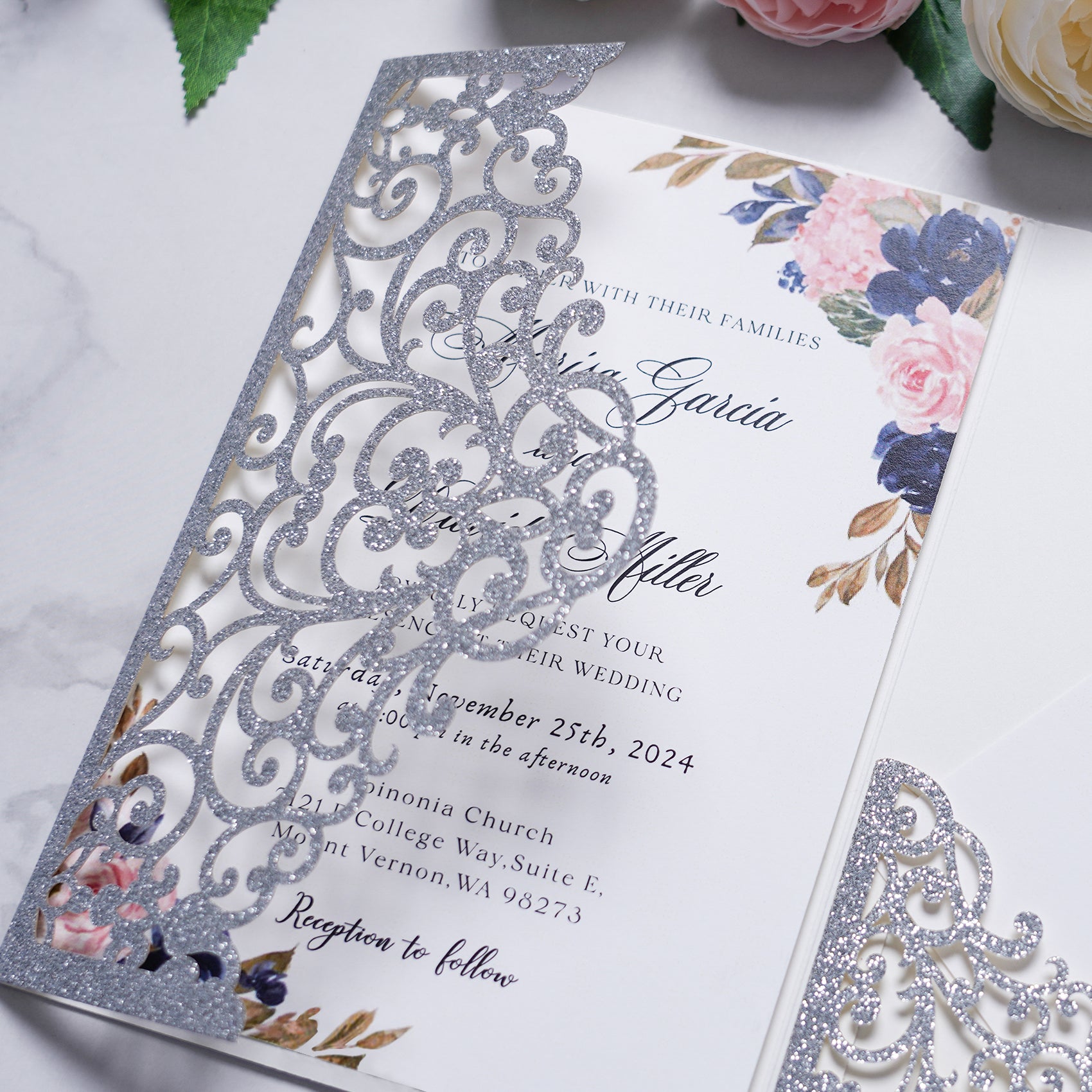 PONATIA  20PCS Silver Laser Cut Wedding Invitations Pockets