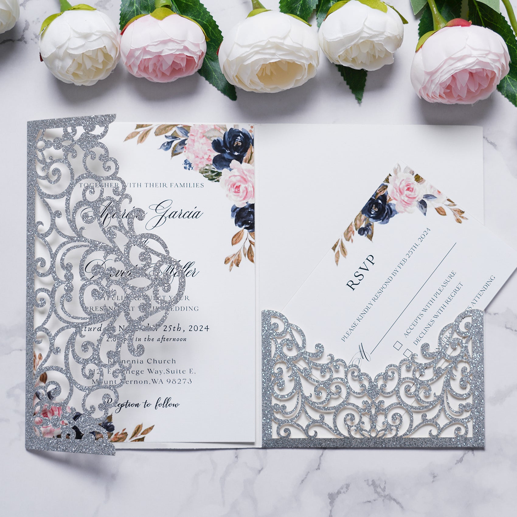 PONATIA  20PCS Silver Laser Cut Wedding Invitations Pockets