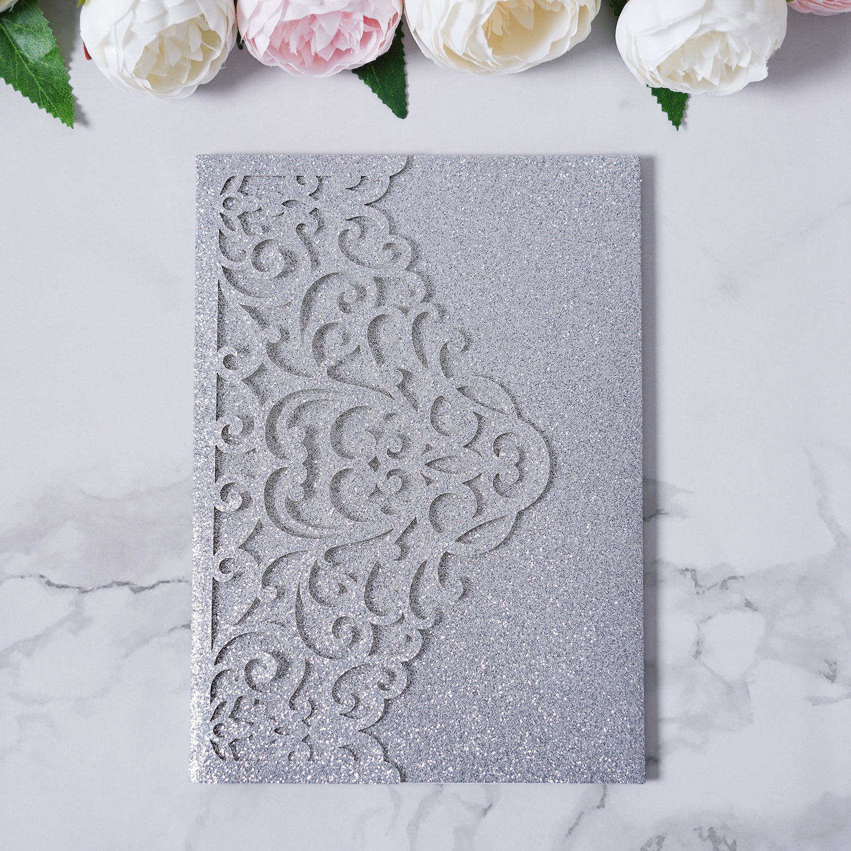PONATIA  20PCS Silver Laser Cut Wedding Invitations Pockets