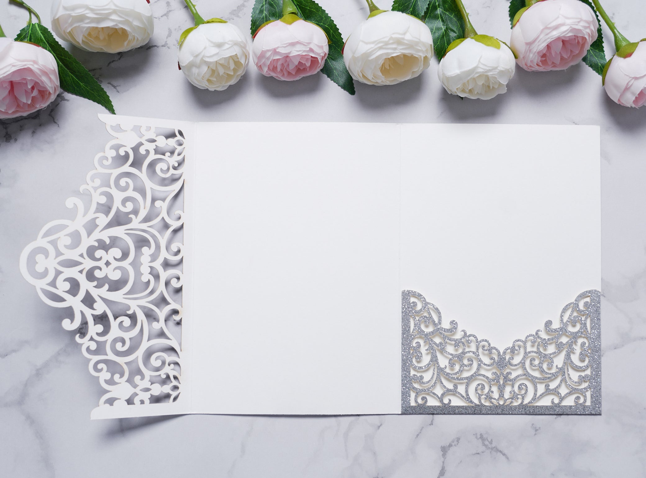 PONATIA  20PCS Silver Laser Cut Wedding Invitations Pockets