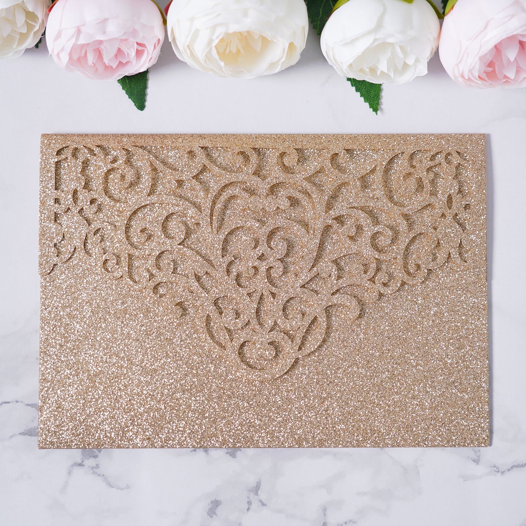 PONATIA  20PCS Gold Glitter Laser Cut Wedding Invitations Pockets